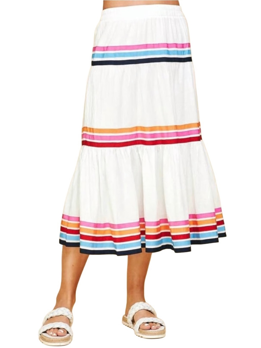 Pinch White Tiered Midi Skirt with Multicolor Stripe Trim size medium
